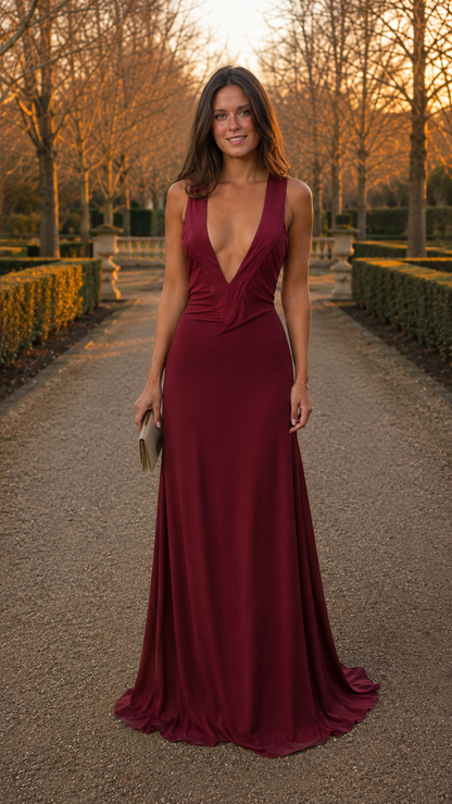 Woman wearing burgundy evening gown at sunset