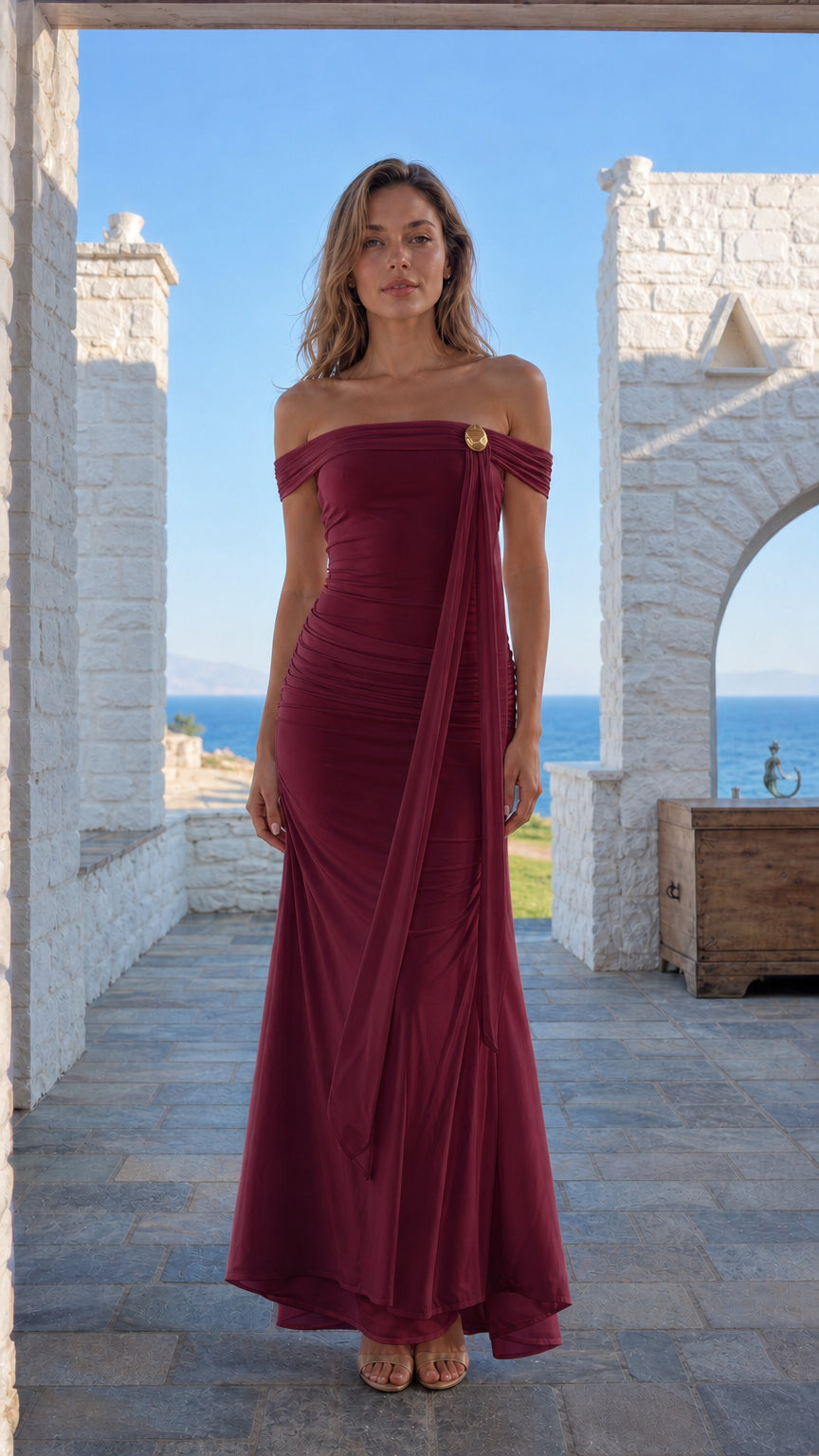 Front view of burgundy off-shoulder maxi dress