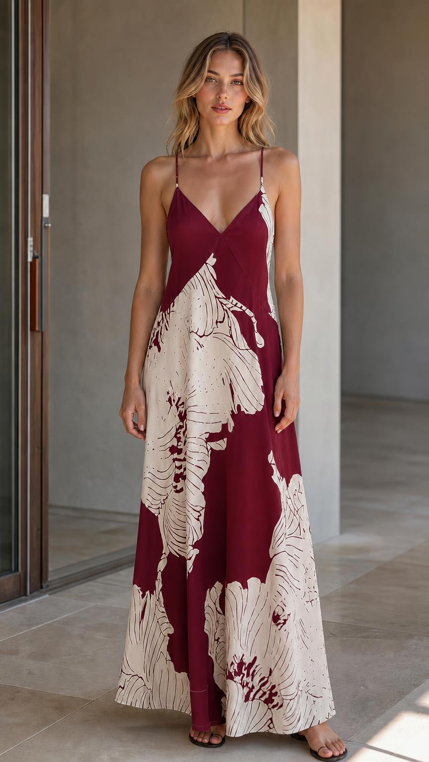 Front view of model wearing burgundy floral maxi dress