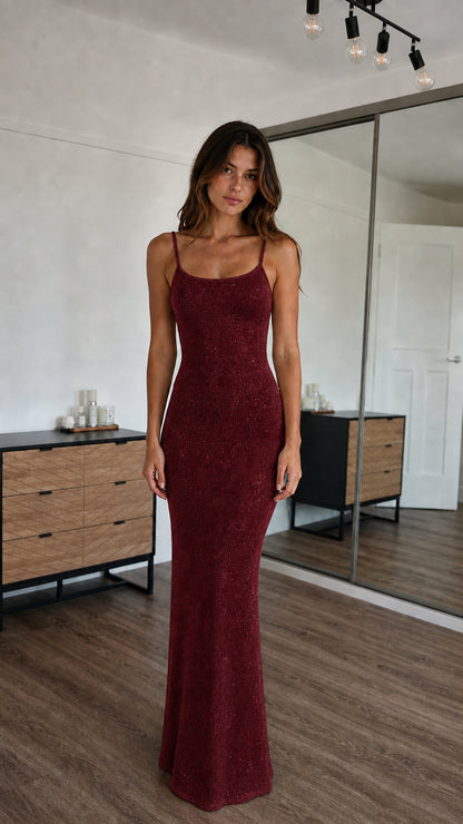 Front view of model wearing burgundy sparkle knit maxi dress
