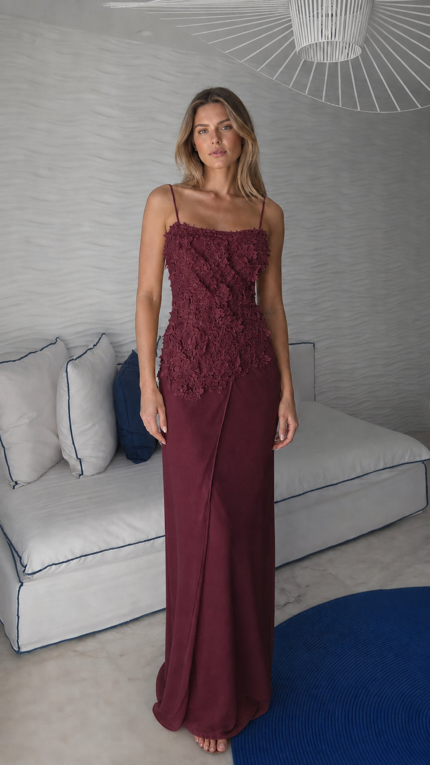 Front view of burgundy floral applique maxi dress