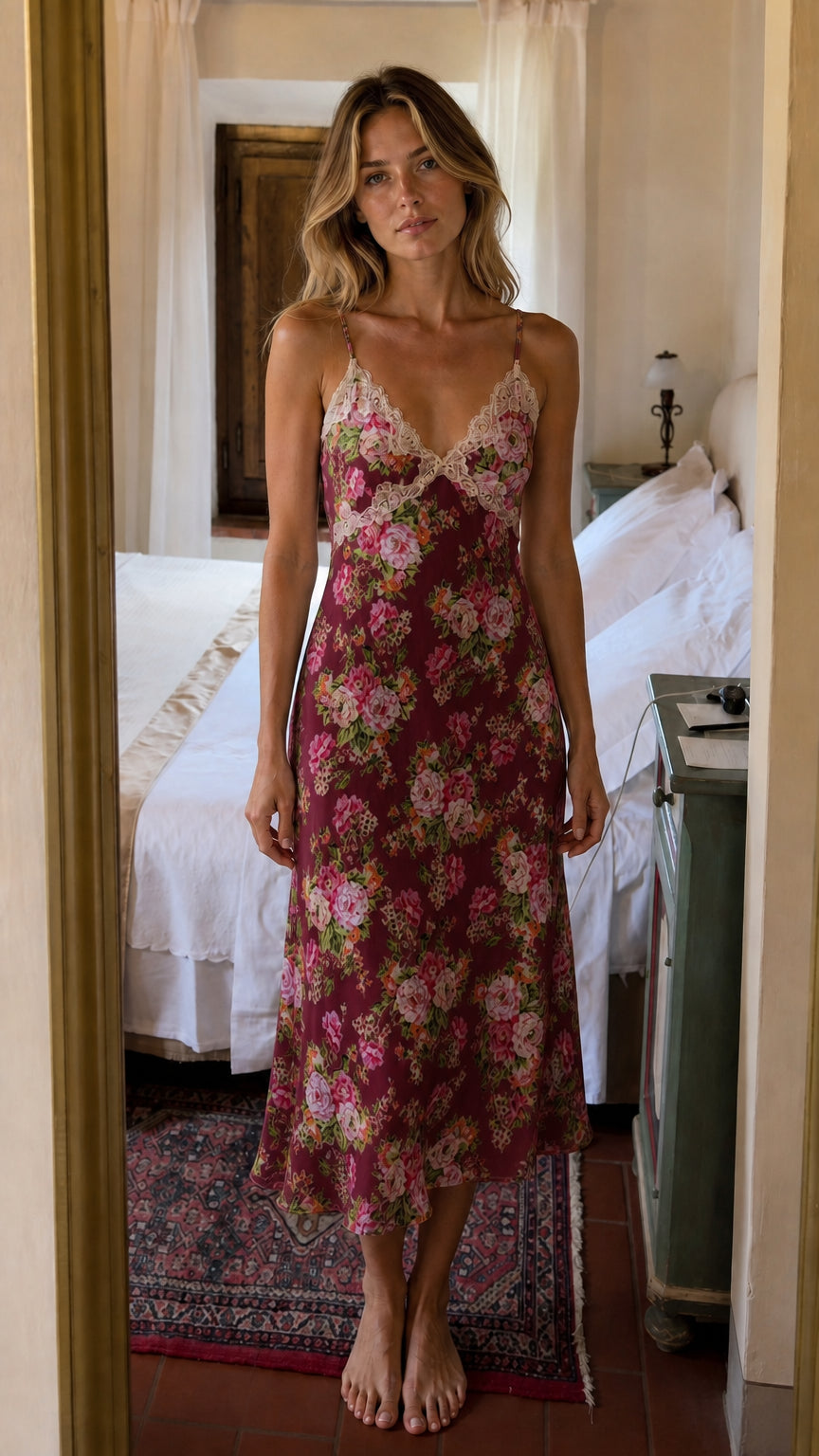 Front view of woman wearing Burgundy floral lace trim cami midi slip dress