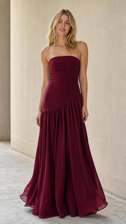 Full length view of model in burgundy evening maxi dress