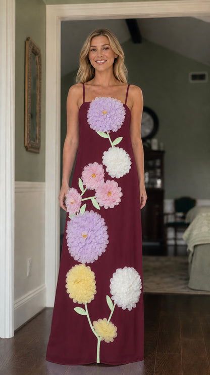 Front view of model wearing Burgundy 3D floral maxi dress
