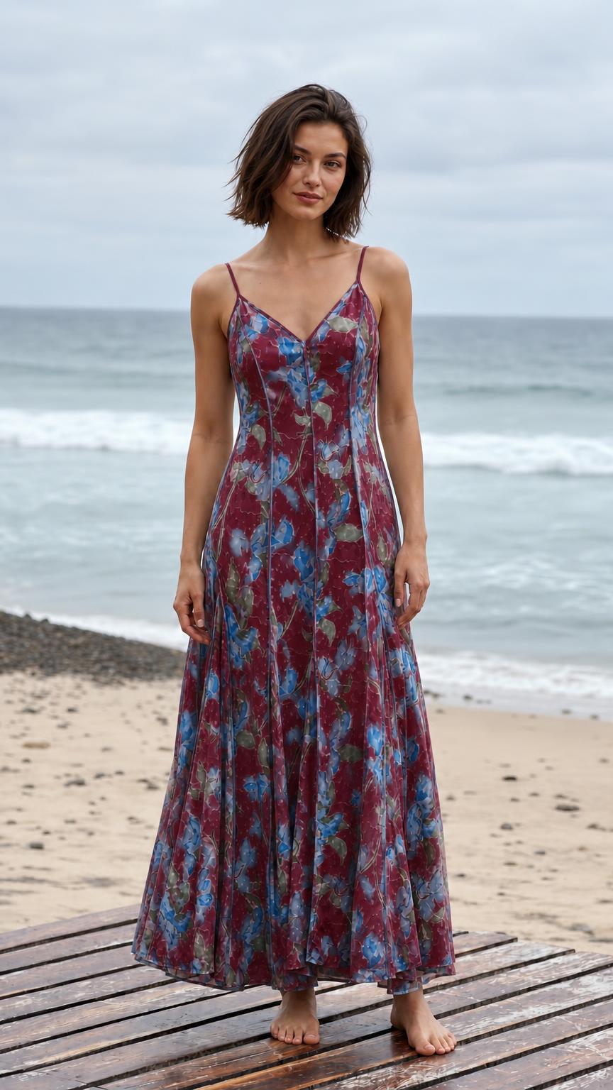 Front view of the burgundy floral maxi slip dress