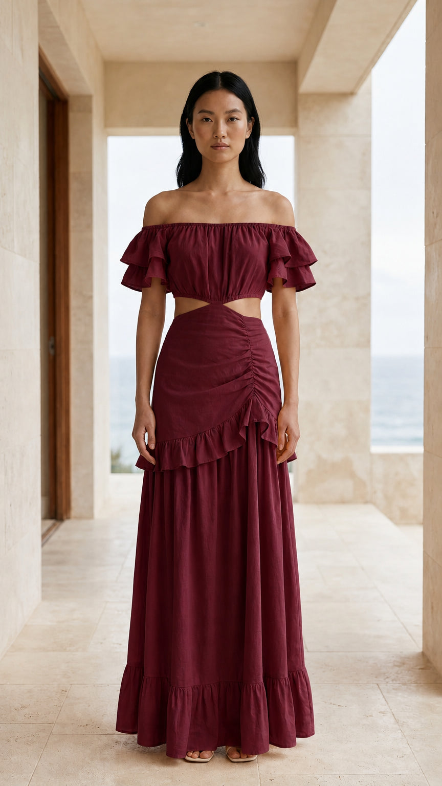 Front view of burgundy off-shoulder cutout maxi dress