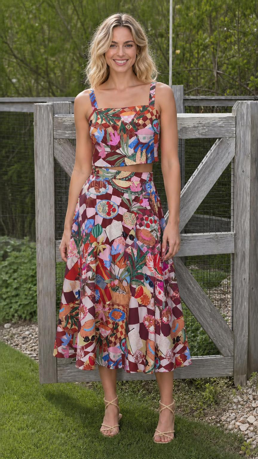 Model wearing burgundy-based patterned two-piece set