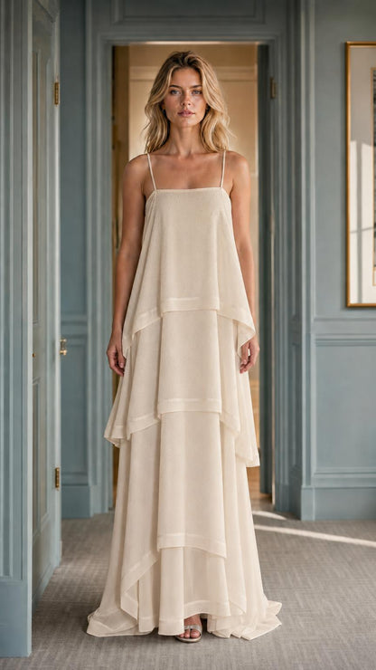 Front view of woman wearing champagne tiered maxi dress