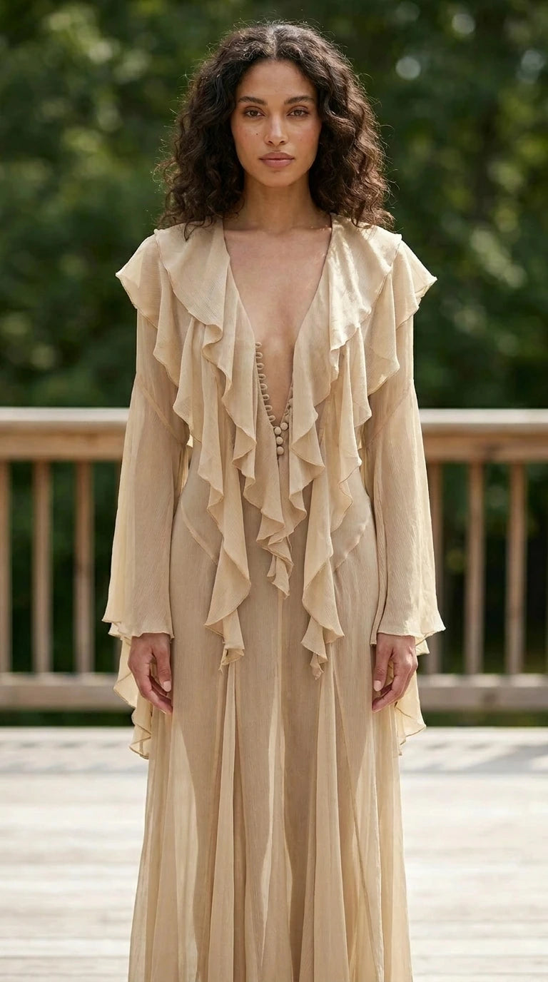 Model wearing khaki ruffle maxi dress