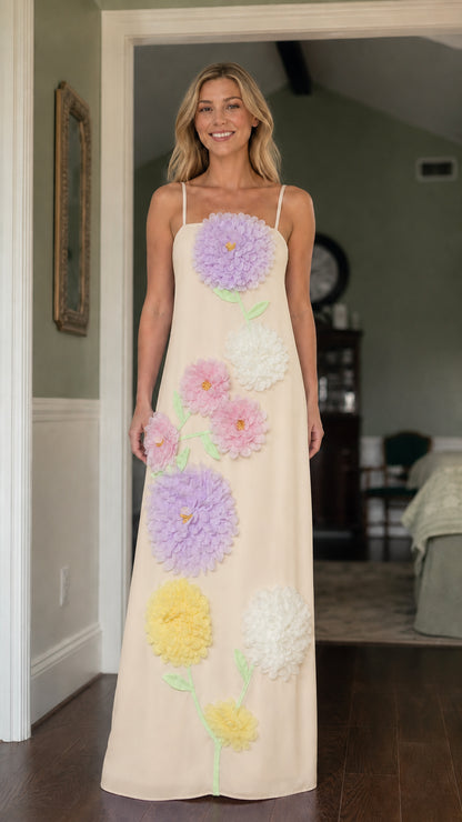 Front view of model wearing Beige 3D floral maxi dress