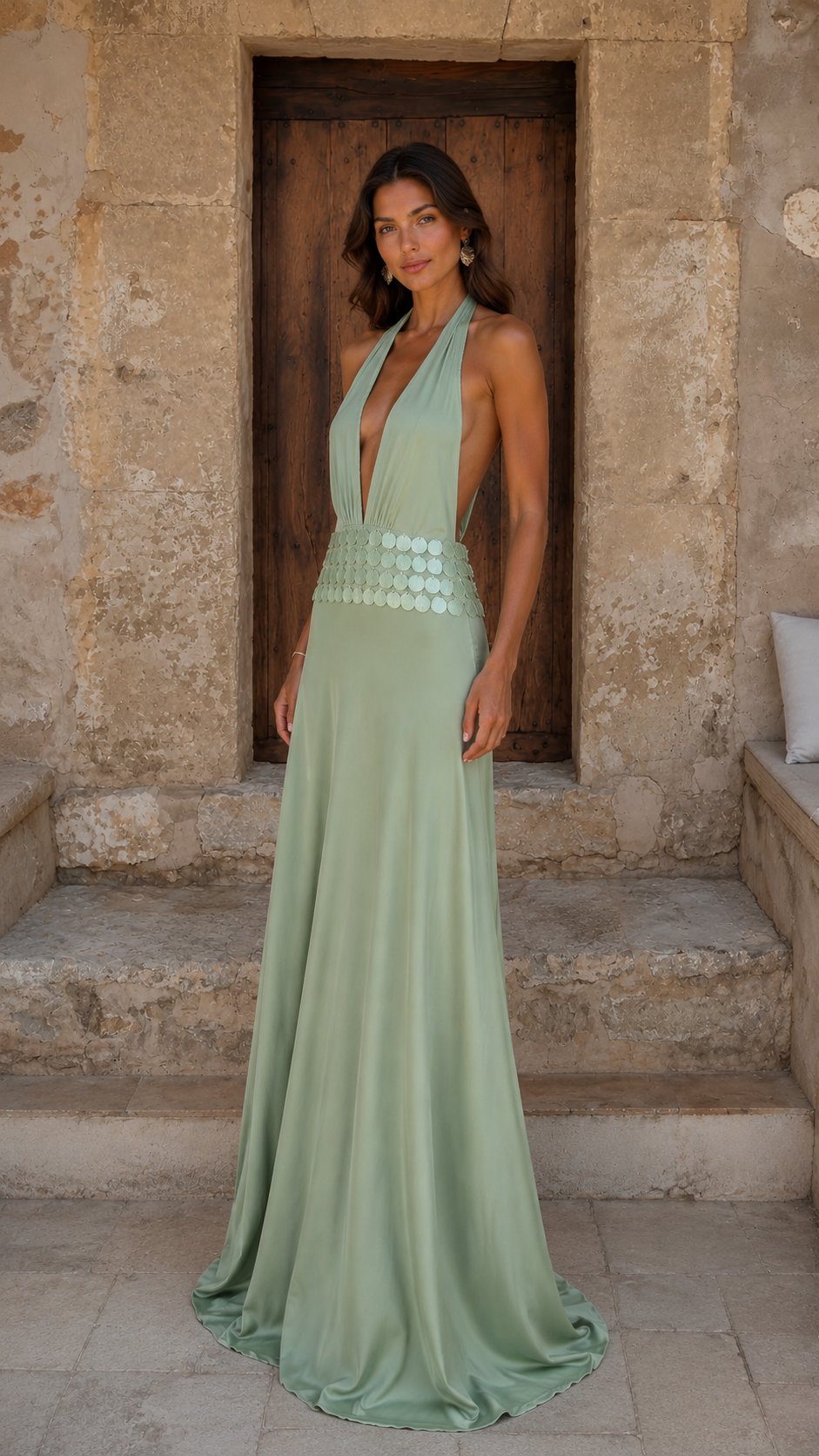 Elegance Halter Plunge Maxi Dress in Sage Green