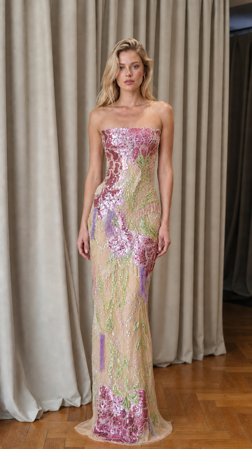 Model wearing champagne floral sequin strapless evening gown
