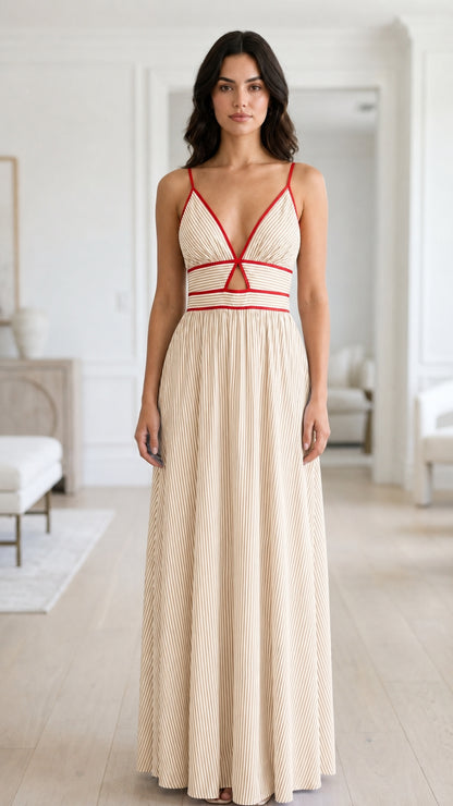 Front view of beige striped maxi dress variant