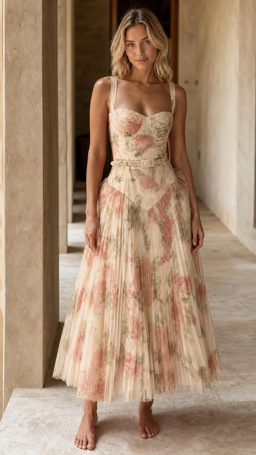 Front view of beige floral pleated midi dress