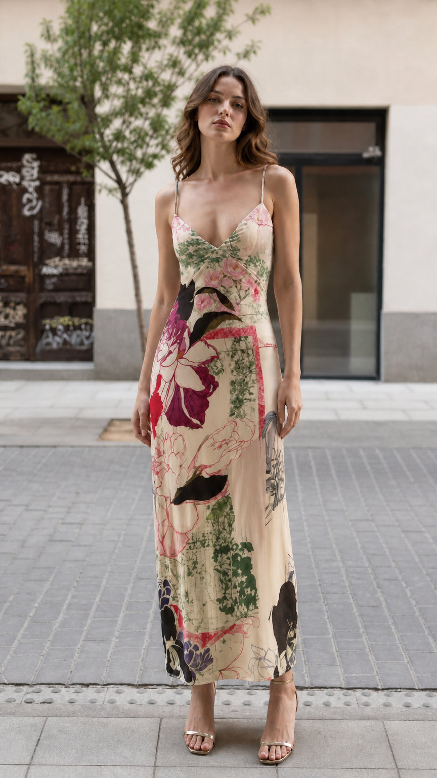Front view of model wearing Cream floral print maxi dress
