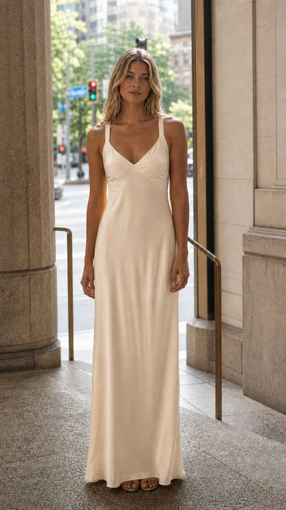 Front view of champagne satin maxi dress
