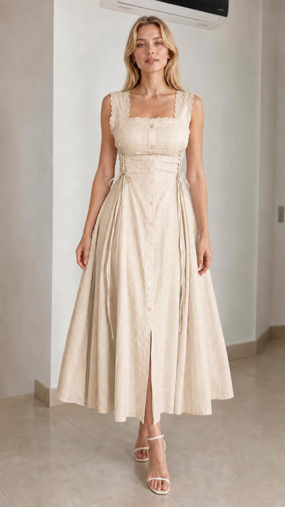 Model wearing beige square neck midi dress