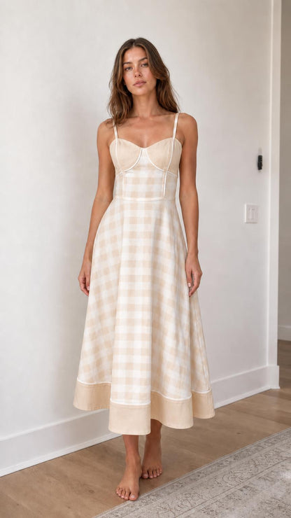 Woman wearing beige gingham midi sundress