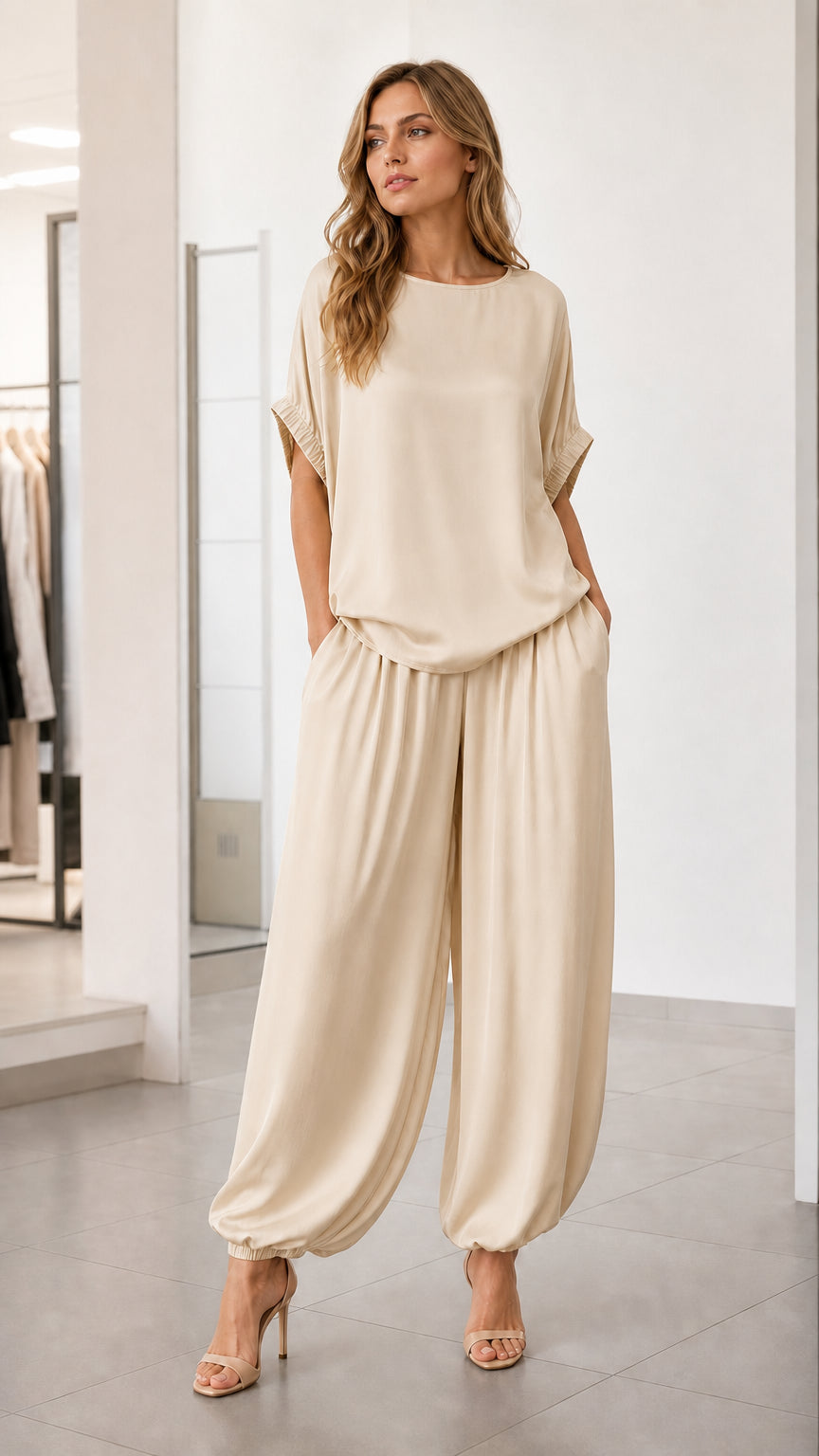 Front view of model wearing beige two-piece lounge set