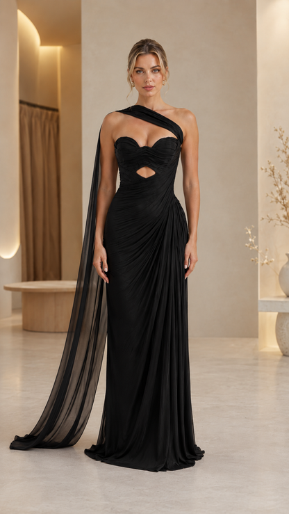 Black one-shoulder formal evening dress with cutout