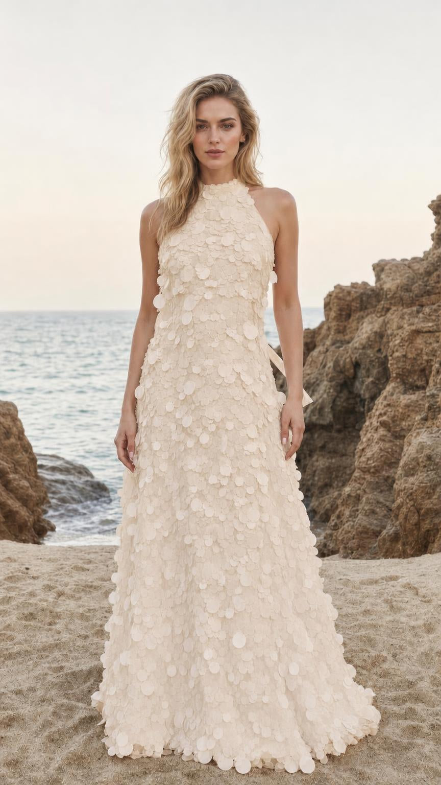 Front view of Champagne halter neck 3D floral applique maxi dress