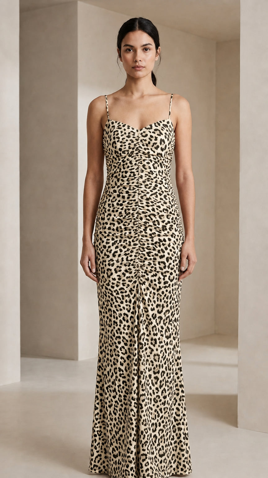 Front view of khaki leopard print maxi dress