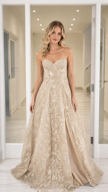 Front view of the champagne sequin evening gown
