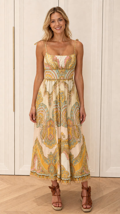 Model wearing cream color variant of paisley midi dress