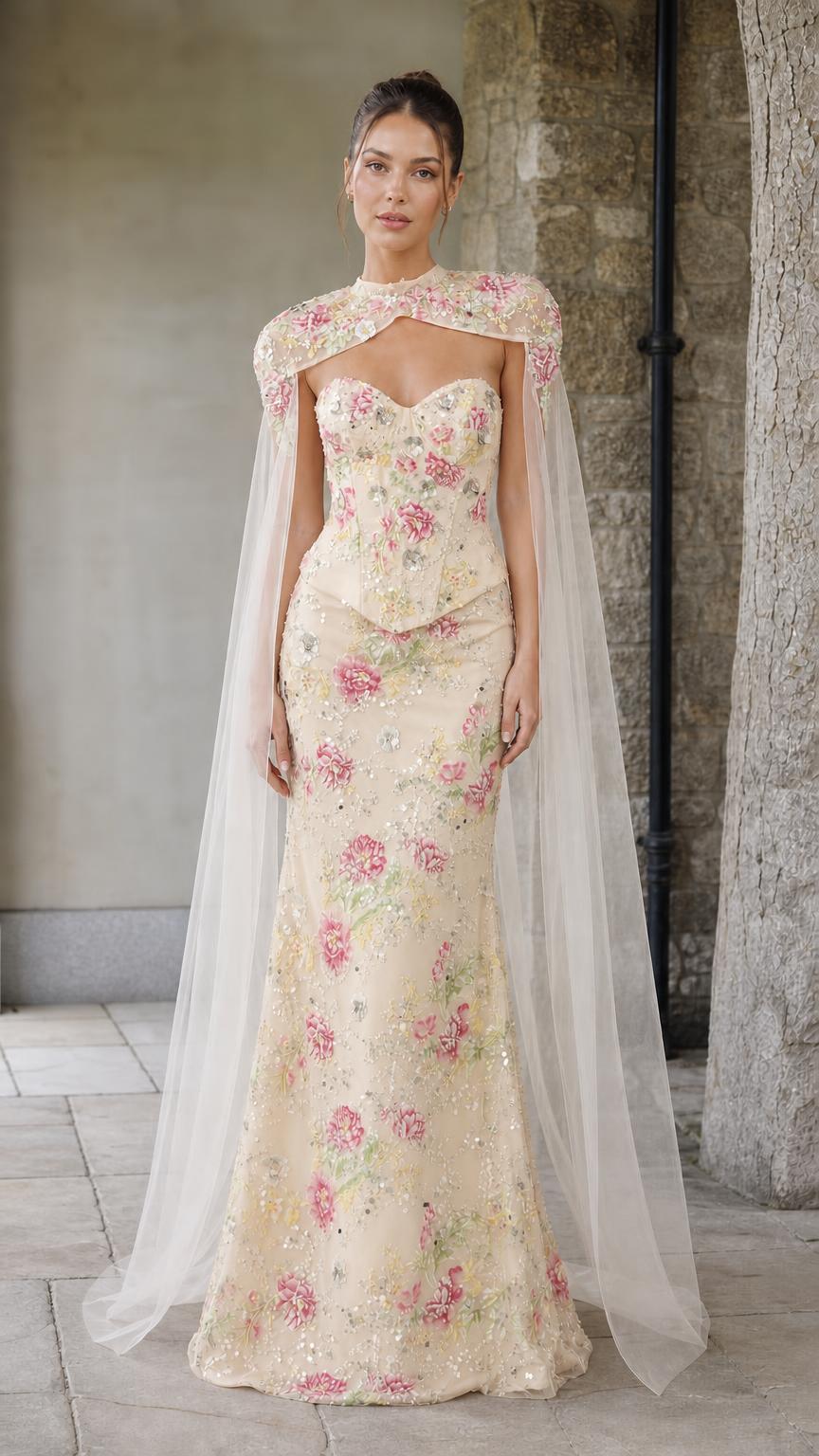 Front view of champagne floral embroidered corset gown with sheer cape