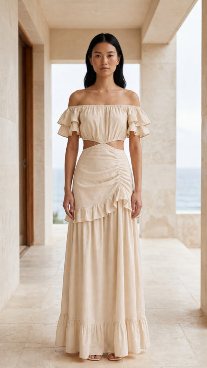 Front view of beige off-shoulder cutout maxi dress