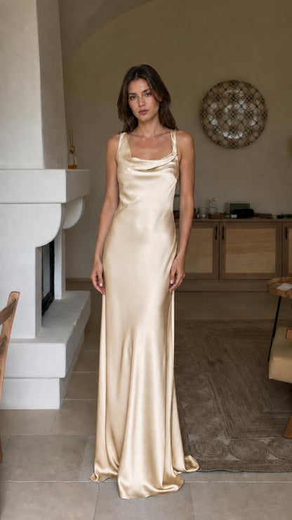 Front view of champagne satin cowl neck maxi dress