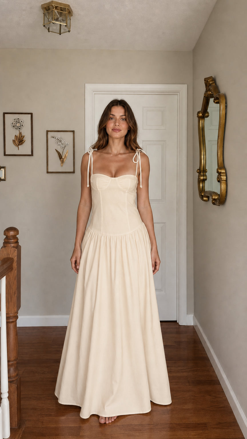 Front view of woman wearing cream tie-strap corset maxi dress