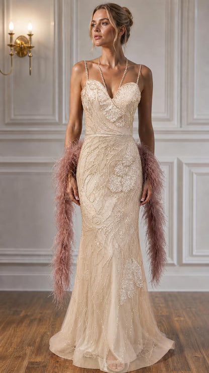 Model wearing champagne beaded evening gown
