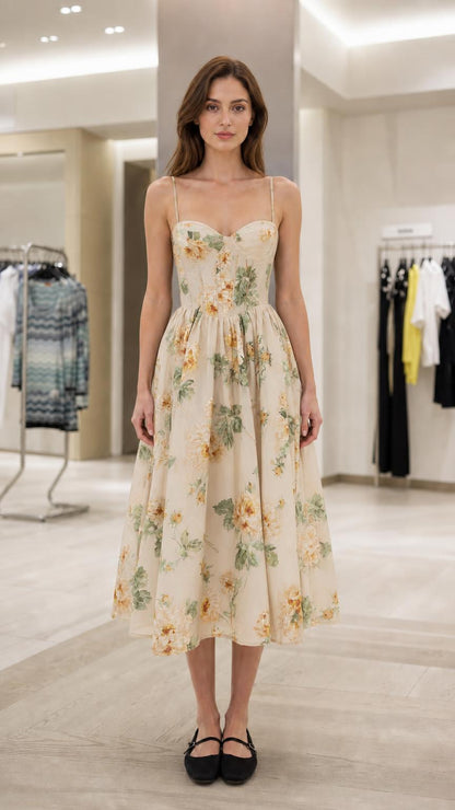 Front view of beige floral corset midi dress