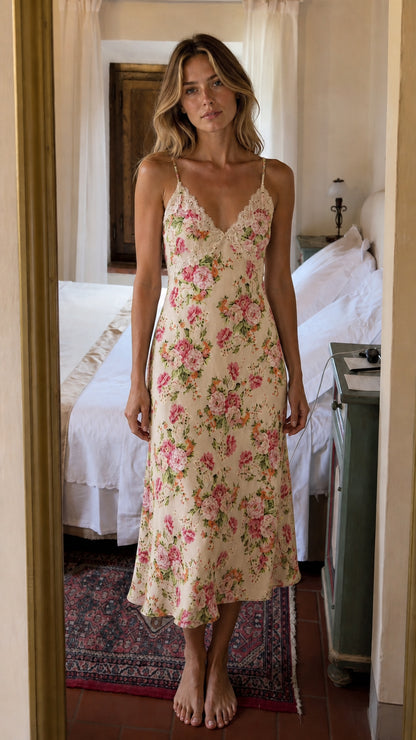 Front view of woman wearing Cream floral lace trim cami midi slip dress
