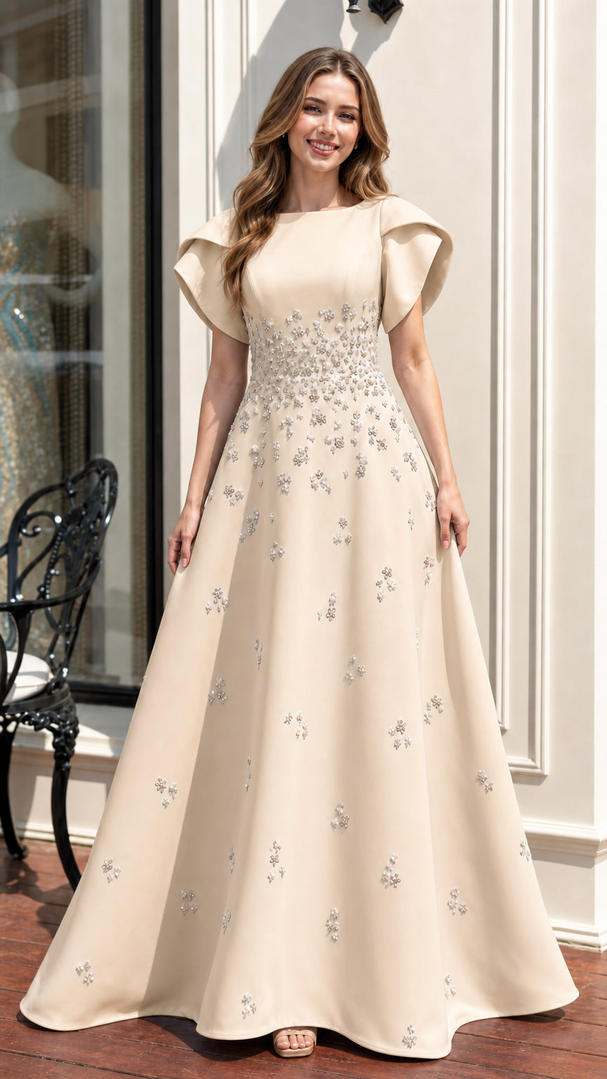 Front view of champagne evening gown