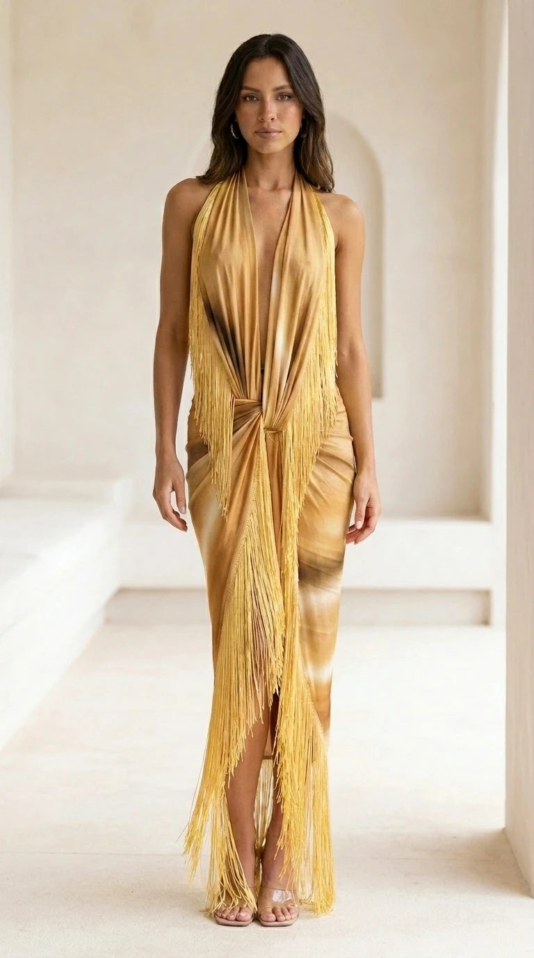 Model wearing gold multi-color gradient fringe maxi dress
