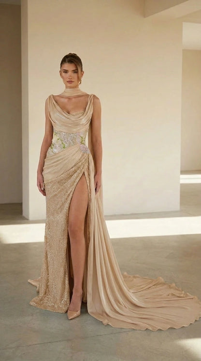 Front view of champagne formal gown with shimmering details