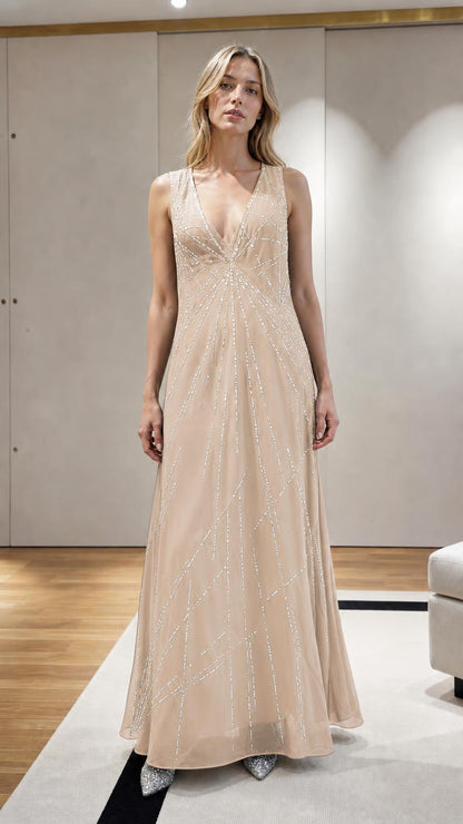 Model wearing Champagne Beaded V-Neck Maxi Evening Dress