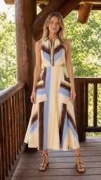 Alternative front view of cream striped midi dress