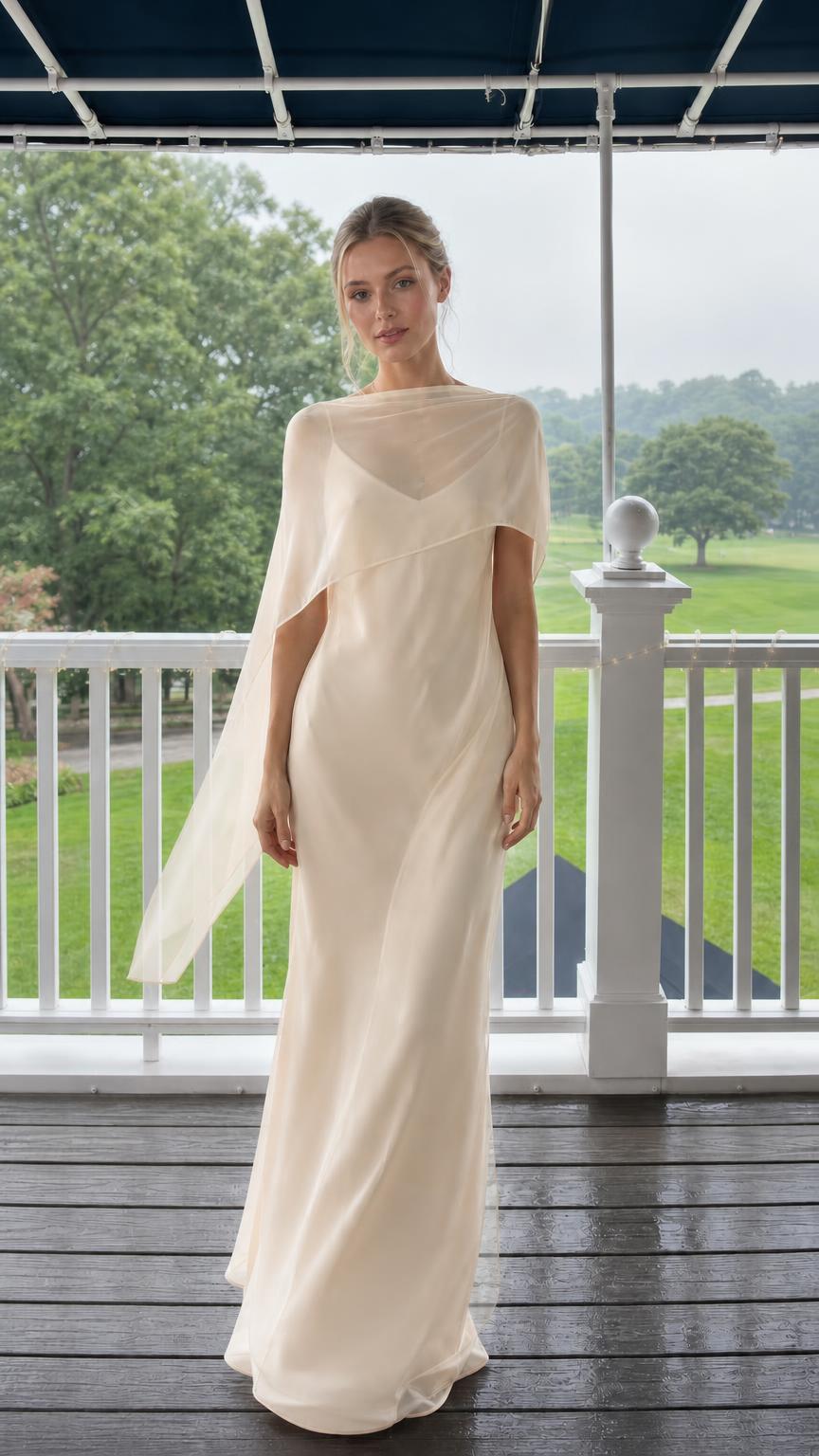 Elegance Flowing Cape Overlay Maxi Evening Dress in Champagne
