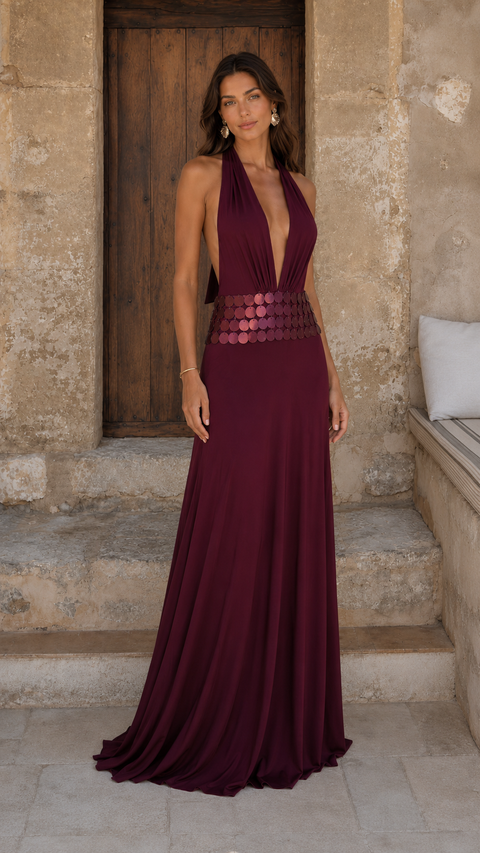 Elegance Halter Plunge Maxi Dress in Burgundy