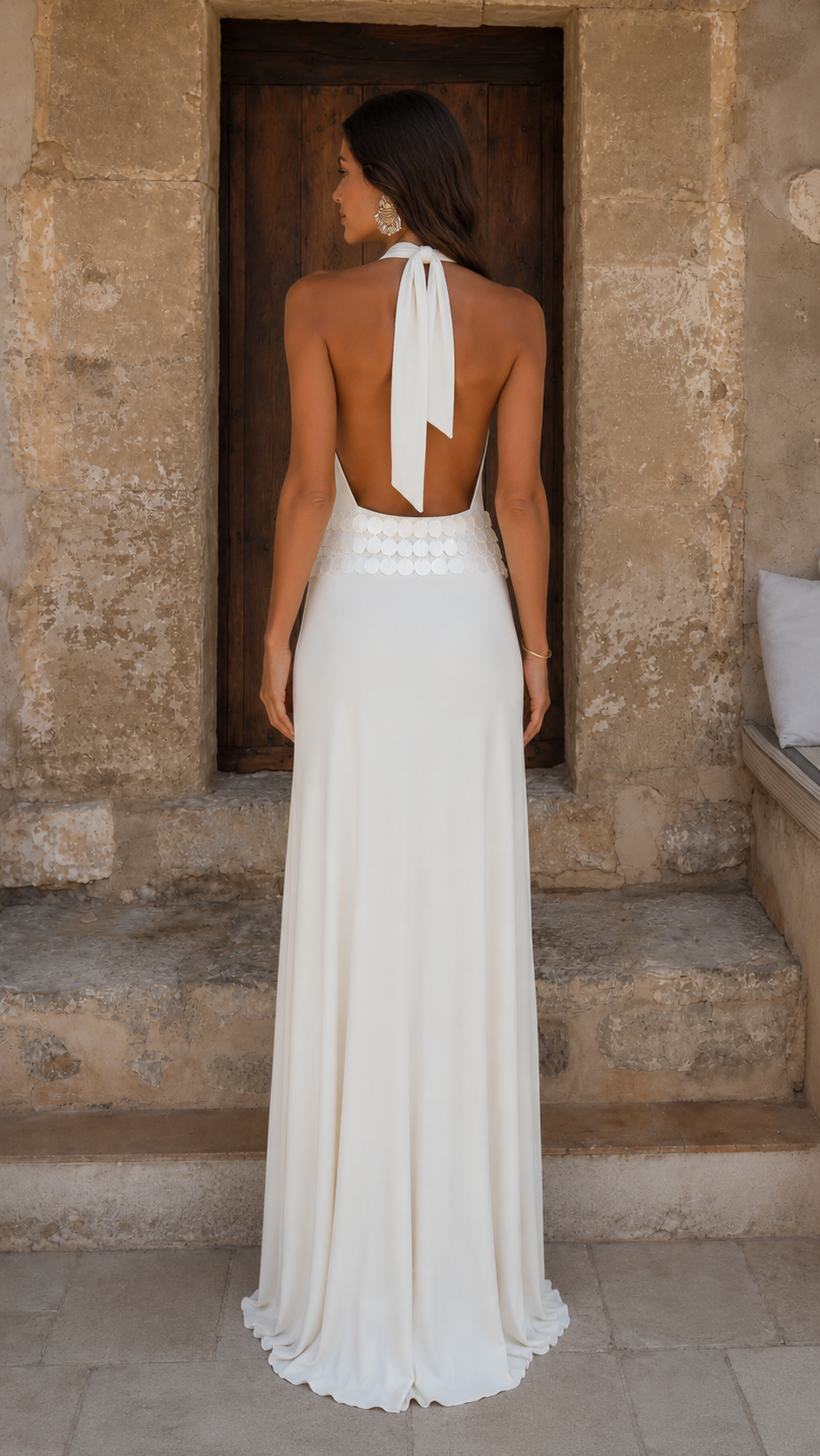 Elegance Halter Plunge Maxi Dress in White back view