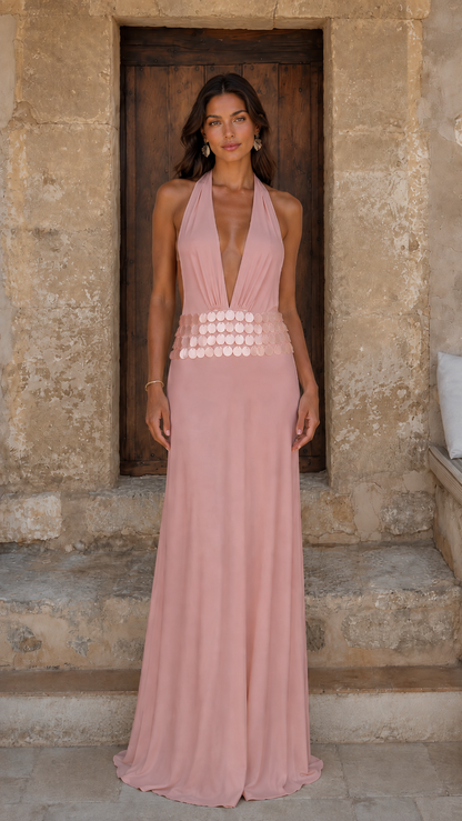 Elegance Halter Plunge Maxi Dress in Pink