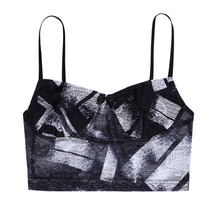 Instahot Lace Stitching Printed Suspender Vest For Women