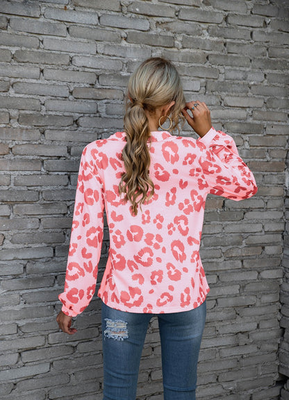 Leopard Print V-neck T-shirt Fashion Loose Long Sleeve Tops For Women Clothing