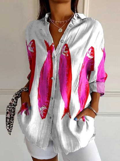 Flowers Print Long Sleeve Shirt Fashion Stand Collar Button Tops For Women Clothing