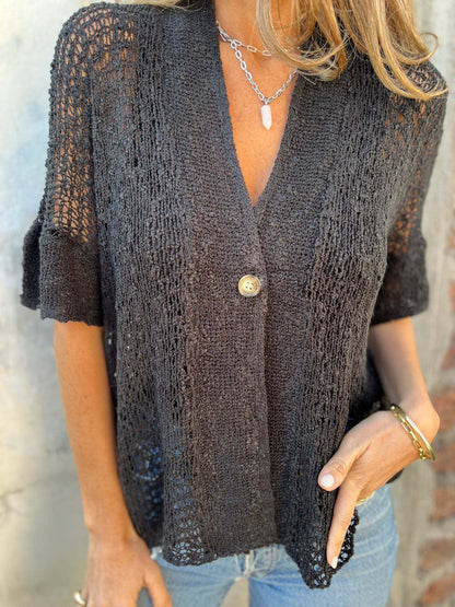 V-neck Single-button Half-sleeved Cardigan Hollow Out Knitted Tops For Women Clithing