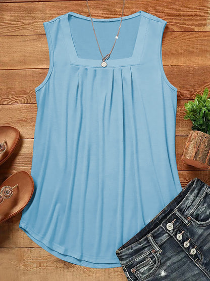Summer Tank Tops For Women Loose Fit Pleated Square Neck Sleeveless Tops Vest T-shirt
