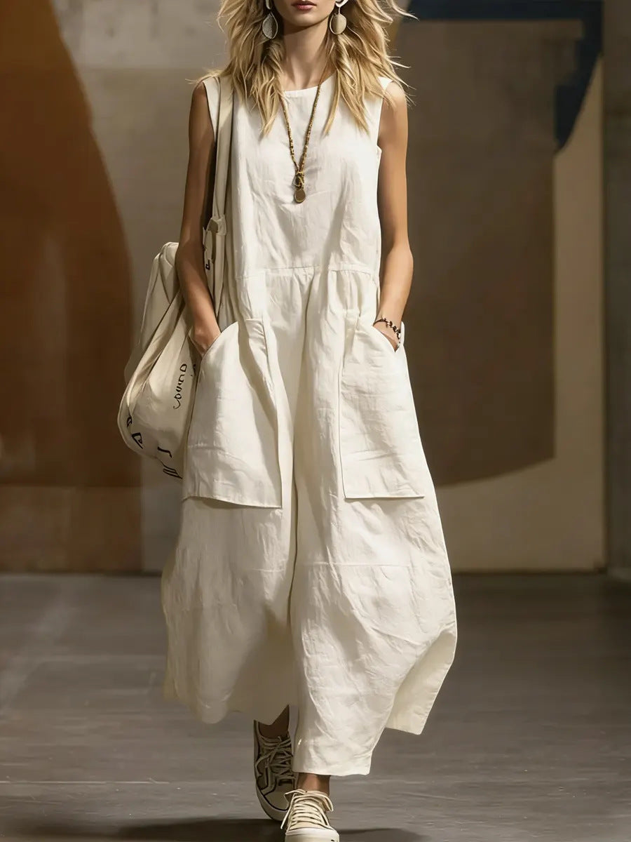 Sleeveless Linen-Blend Pocket Maxi Dress
